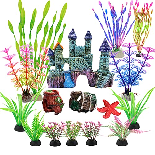 EVIWILL 16 Pieces Aquarium Decorations Coral Castle Fish Tank Decorations Accessories Betta Fish Cave Hideout Barrel Plastic Plants Artificial Starfish Ornament Anemone Multi-colored MJ210420