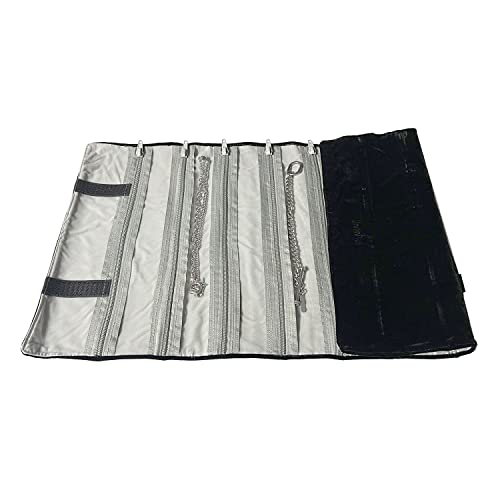 UnionPlus Velvet Travel Jewelry Case Roll Bag Organizer for Necklace, 9 Zipped Grids, Black + Grey