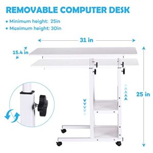 Urban Deco Home Office Desk with Drawer Standing Desk Adjustable Height, Moveable Computer Stand with 4 Wheels & Plastic Drawers Corner Desks for Home Office - White