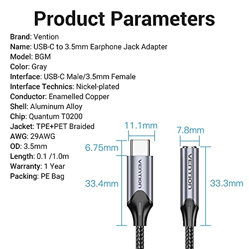 VENTION USB Type C to 3.5mm Headphone Jack Adapter, USB C to Aux Audio Dongle Cable with DAC Chip Compatible with iPad Pro Pixel 2 XL Samsung Galaxy S21 S20 Ultra S20+ Note 20 10 S10