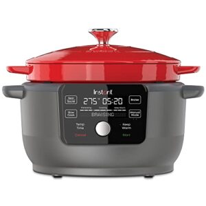 instant pot, 6-quart 1500w electric round dutch oven, 5-in-1: braise, slow cook, sear/sauté, cooking pan, food warmer, enameled cast iron, free app with 50 recipes, perfect wedding gift, red