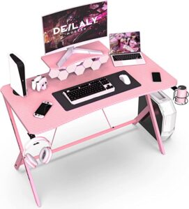 deilaly gaming desk 45 inch computer table gamer desk with monitor shelf escritorios mesa office home study desk work station pc table carbon steel leg with headphone holder apartment corner desk pink