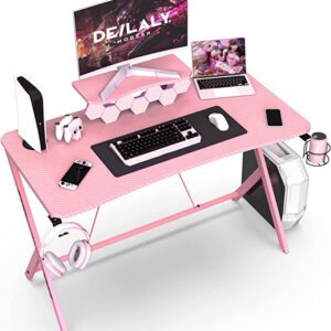 DEILALY Gaming Desk 45 Inch Computer Table Gamer Desk with Monitor Shelf Escritorios Mesa Office Home Study Desk Work Station PC Table Carbon Steel Leg with Headphone Holder Apartment Corner Desk Pink