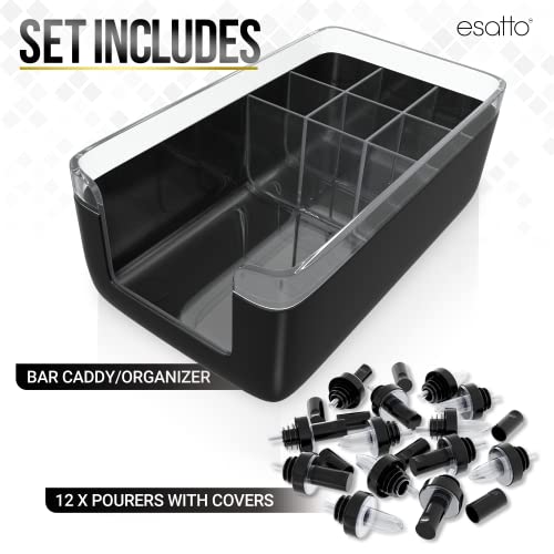 Esatto Professional Bar Products Premium Bar Caddy (Black), Used to Easily Organize Bar Items and Workspace, With Additional 12 Pourers For Precision Pouring and 12 Pourer Covers