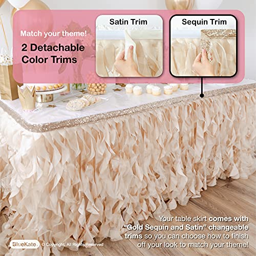 Bluekate Champagne Gold Table Skirt 6ft. Double Organza, Two Trims Party Tutu Table Skirt! Wedding Decorations Rustic Theme, Graduation, Gold Party Decorations. Table Skirts for Rectangle Tables 6ft