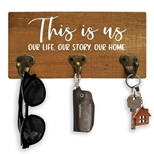 mayavenue home wall decorative this is us our life our story our home rustic key leash hanger with 3 metal hooks, wall mount wooden key holder decor for new house housewarming gifts - 10x4.8 inches