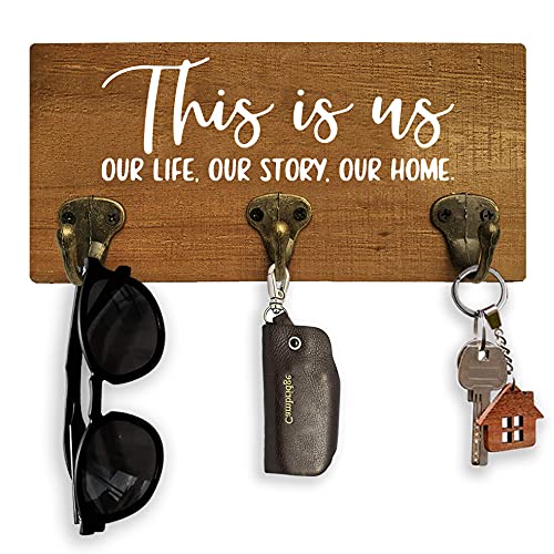 MayAvenue Home Wall Decorative This is Us Our Life Our Story Our Home Rustic Key Leash Hanger with 3 Metal Hooks, Wall Mount Wooden Key Holder Decor for New House Housewarming Gifts - 10x4.8 Inches