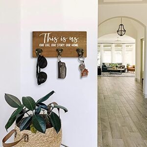 MayAvenue Home Wall Decorative This is Us Our Life Our Story Our Home Rustic Key Leash Hanger with 3 Metal Hooks, Wall Mount Wooden Key Holder Decor for New House Housewarming Gifts - 10x4.8 Inches