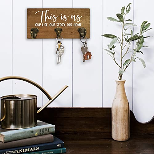 MayAvenue Home Wall Decorative This is Us Our Life Our Story Our Home Rustic Key Leash Hanger with 3 Metal Hooks, Wall Mount Wooden Key Holder Decor for New House Housewarming Gifts - 10x4.8 Inches