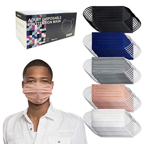 50 Pieces Adult Disposable Face Masks Single Use Effective, Soft on Skin, Bulk Pack 3-Ply Masks Facial Cover with Elastic Ear Loops For Home, Office, School, and Outdoors (Mix Solid Colors)