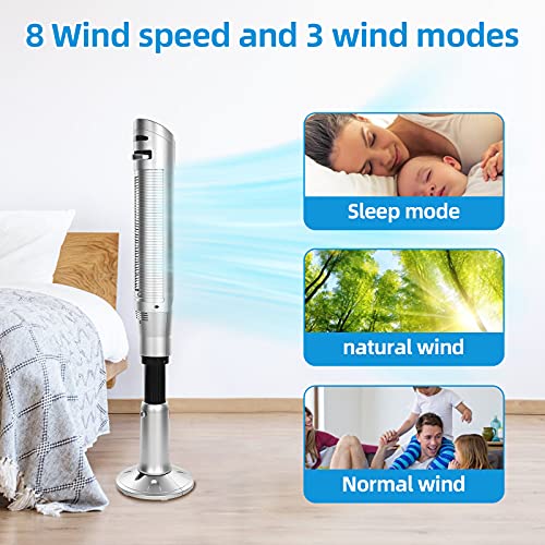 R.W.FLAME Tower Fan, standing fan oscillating, Quiet Cooling Portable Bladeless, Quiet Floor Fan with Remote, 8 Speeds, 3 Modes, 24H Timer for Bedroom, and Home Office Use, Room Fan, (59-inch, SILVER)