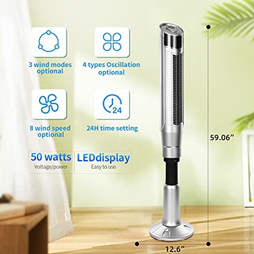 R.W.FLAME Tower Fan, standing fan oscillating, Quiet Cooling Portable Bladeless, Quiet Floor Fan with Remote, 8 Speeds, 3 Modes, 24H Timer for Bedroom, and Home Office Use, Room Fan, (59-inch, SILVER)