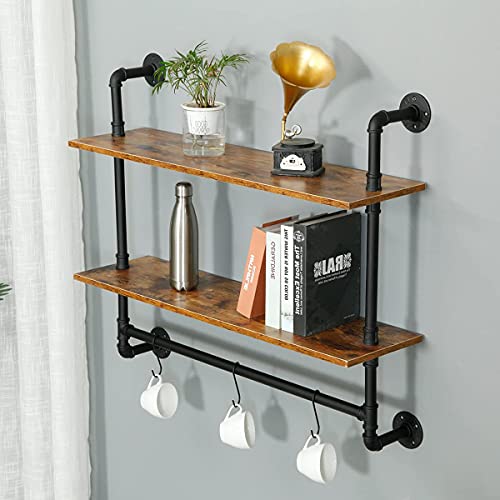 MAIKAILUN Industrial Pipe Shelving, Iron Pipe Shelves Bathroom Shelves with Towel bar, Rustic Metal Pipe Floating Shelves, Pipe Shelf Wall Mounted with Hooks for Coffee Bar Kitchen(36" 2Tiers)