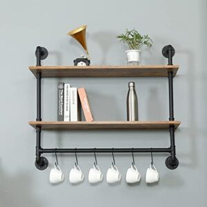 maikailun industrial pipe shelving, iron pipe shelves bathroom shelves with towel bar, rustic metal pipe floating shelves, pipe shelf wall mounted with hooks for coffee bar kitchen(36" 2tiers)