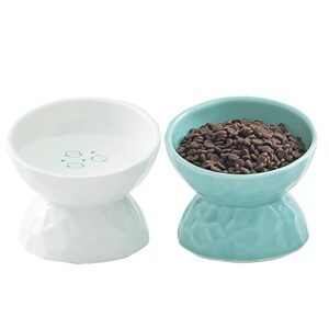 tamaykim tilted ceramic raised cat bowls, 8 oz food and water bowl set for cats, 5 inch porcelain elevated stress free feeding pet dish, dishwasher and microwave safe, 2 pack (white & mint green)