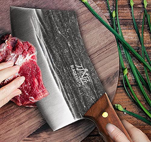 BLADESMITH Meat Cleaver Knife, Forged Butcher Knife with Lightweight and Effortless Design, Full Tang Chopping Knife with German High Carbon Steel, Comfortable PearWood Handle, 7'' Chinese Chef Knife