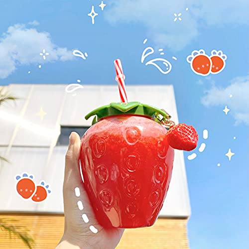 Goodliest 17oz Strawberry Cup with Lid and Straw, Reusable PP Fruit Juice Water Bottle Cup for Home Office Travel B