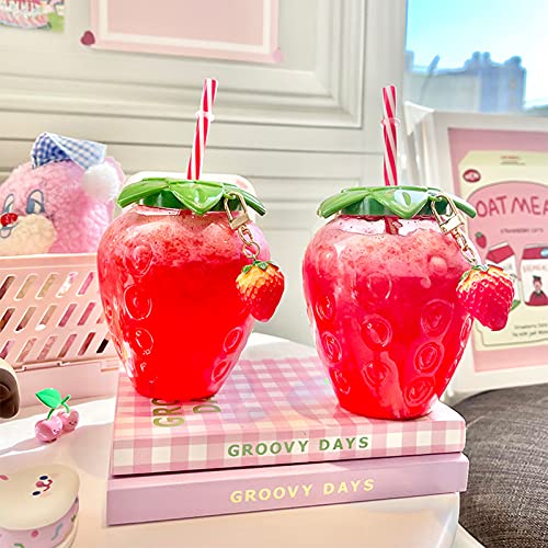 Goodliest 17oz Strawberry Cup with Lid and Straw, Reusable PP Fruit Juice Water Bottle Cup for Home Office Travel B