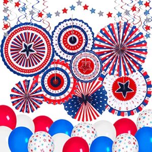 90shine 37pcs 4th/fourth of july decorations set - red white blue patriotic memorial day paper fans + hanging swirls + star streamer + balloon garland home outdoor birthday party decor supplies