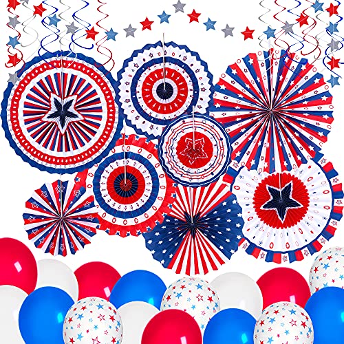 90shine 37PCS 4th/Fourth of July Decorations Set - Red White Blue Patriotic Memorial Day Paper Fans + Hanging Swirls + Star Streamer + Balloon Garland Home Outdoor Birthday Party Decor Supplies