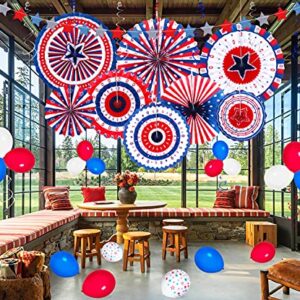 90shine 37PCS 4th/Fourth of July Decorations Set - Red White Blue Patriotic Memorial Day Paper Fans + Hanging Swirls + Star Streamer + Balloon Garland Home Outdoor Birthday Party Decor Supplies