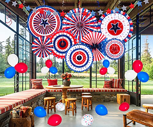 90shine 37PCS 4th/Fourth of July Decorations Set - Red White Blue Patriotic Memorial Day Paper Fans + Hanging Swirls + Star Streamer + Balloon Garland Home Outdoor Birthday Party Decor Supplies