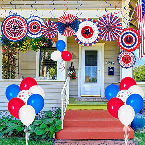 90shine 37PCS 4th/Fourth of July Decorations Set - Red White Blue Patriotic Memorial Day Paper Fans + Hanging Swirls + Star Streamer + Balloon Garland Home Outdoor Birthday Party Decor Supplies