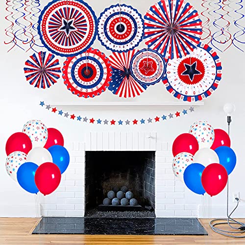 90shine 37PCS 4th/Fourth of July Decorations Set - Red White Blue Patriotic Memorial Day Paper Fans + Hanging Swirls + Star Streamer + Balloon Garland Home Outdoor Birthday Party Decor Supplies