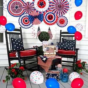 90shine 37PCS 4th/Fourth of July Decorations Set - Red White Blue Patriotic Memorial Day Paper Fans + Hanging Swirls + Star Streamer + Balloon Garland Home Outdoor Birthday Party Decor Supplies