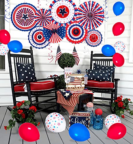 90shine 37PCS 4th/Fourth of July Decorations Set - Red White Blue Patriotic Memorial Day Paper Fans + Hanging Swirls + Star Streamer + Balloon Garland Home Outdoor Birthday Party Decor Supplies