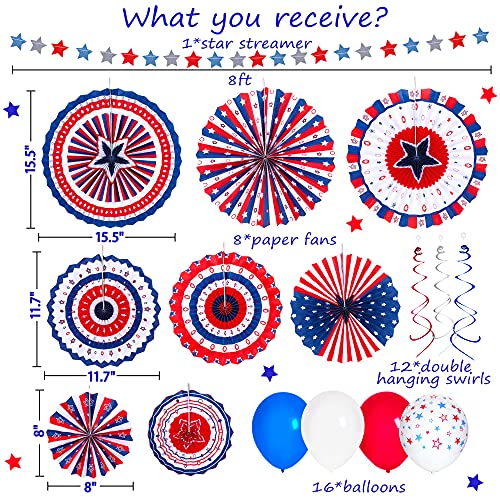 90shine 37PCS 4th/Fourth of July Decorations Set - Red White Blue Patriotic Memorial Day Paper Fans + Hanging Swirls + Star Streamer + Balloon Garland Home Outdoor Birthday Party Decor Supplies