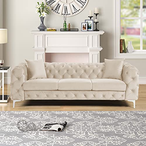 Morden Fort Modern Contemporary Sofa Couch with Deep Button Tufting Dutch Velvet, Solid Wood Frame and Iron Legs-Beige