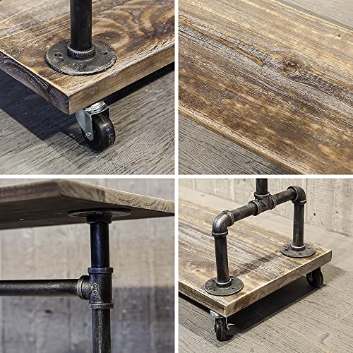 SULIANG Industrial Pipe Clothing Rack Wood Clothing Racks on Wheels, Retail Clothes Rack with Wheels Vintage Garment Rack with Shelves,Rolling Racks for Hanging Clothes Rustic Heavy Duty Clothes Rack