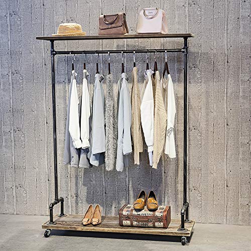 SULIANG Industrial Pipe Clothing Rack Wood Clothing Racks on Wheels, Retail Clothes Rack with Wheels Vintage Garment Rack with Shelves,Rolling Racks for Hanging Clothes Rustic Heavy Duty Clothes Rack