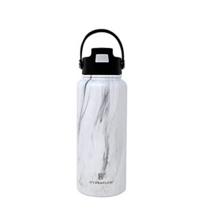 hydraflow hybrid - 34oz triple wall vacuum insulated bottle with flip straw - insulated water bottle - stainless steel bottle - water bottle with straw - reusable water bottle (34oz, white marble)