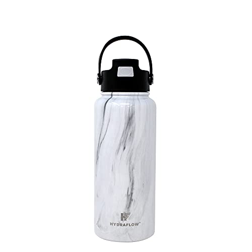 Hydraflow Hybrid - 34oz Triple Wall Vacuum Insulated Bottle with Flip Straw - Insulated Water Bottle - Stainless Steel Bottle - Water Bottle with Straw - Reusable Water Bottle (34oz, White Marble)