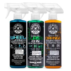 chemical guys cld_203_16 signature series wheel cleaner,blue, 16 oz with signature series orange degreaser, 16 oz with cld_202_16 signature series glass cleaner,16 fl.oz