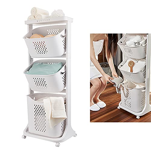 3 Tier Rolling Laundry Basket Cart with Wheels,Multipurpose Bathroom Laundry Rolling Laundry Sorter Hamper Storage Shelf Bin Removable Storage Basket with Handle for Bathroom Kitchen Laundry Room