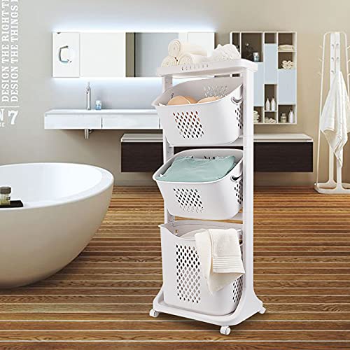 3 Tier Rolling Laundry Basket Cart with Wheels,Multipurpose Bathroom Laundry Rolling Laundry Sorter Hamper Storage Shelf Bin Removable Storage Basket with Handle for Bathroom Kitchen Laundry Room