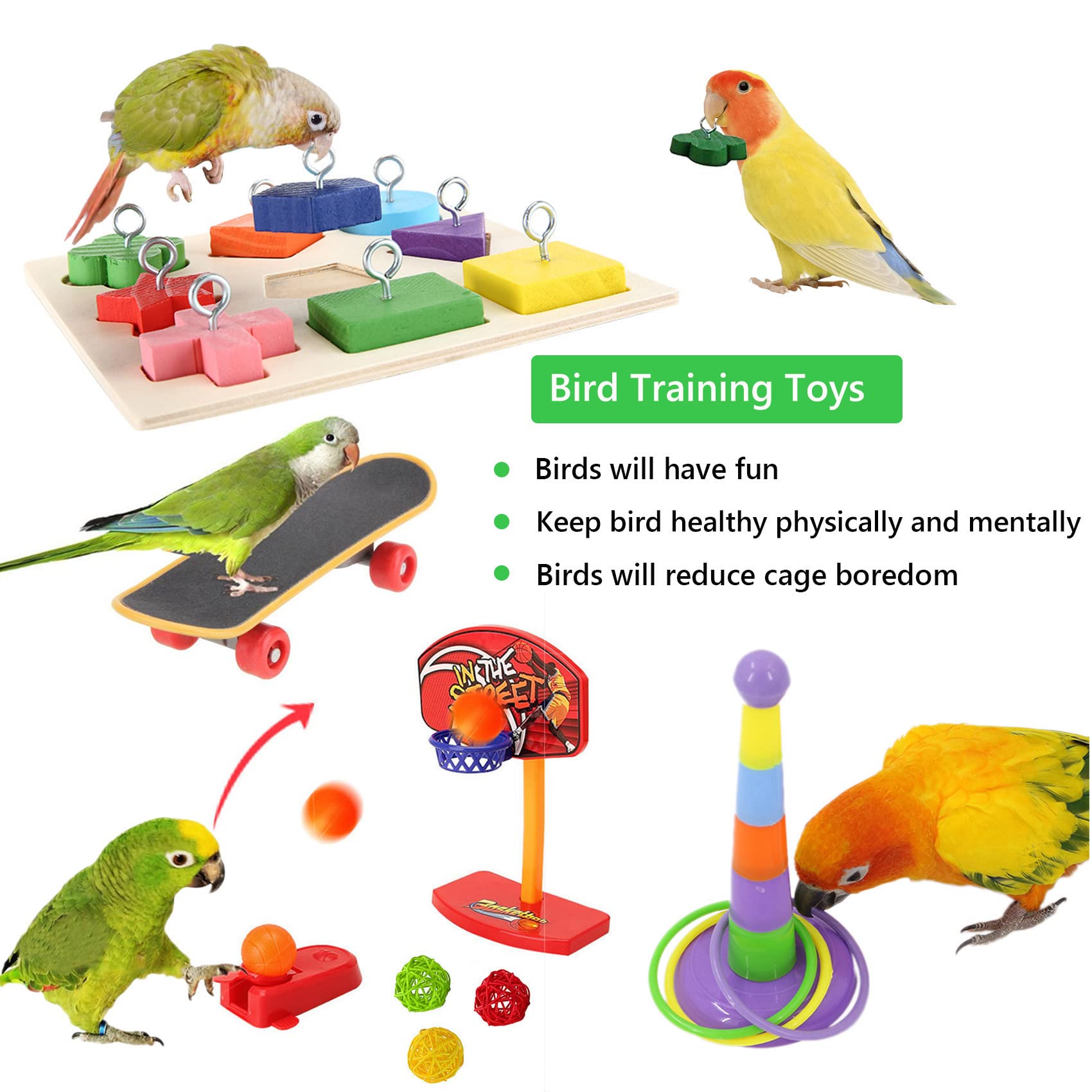 Bird Training Toy, Parakeet Intelligence Toy, Parrot Wooden Block Puzzles Toy, Bird Basketball Toy, Parrot Skateboard, Bird Stacking Toy for Parrot Budgie Cockatiel Finch