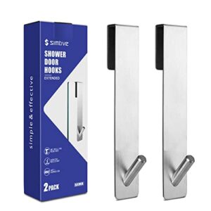 simtive extended shower door hooks (7-inch), over door hooks for bathroom frameless glass shower door, towel hooks, 2-pack, silver