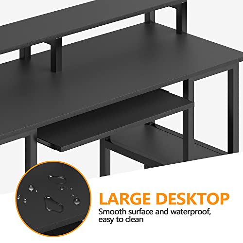 JSungo Small Computer Desk with Monitor Stand, 47 Inch Home Office Desk with 2 Tier Storage Shelf for Small Space, Sturdy Writing Gaming Table with Keyboard Tray and CPU Shelf, Black