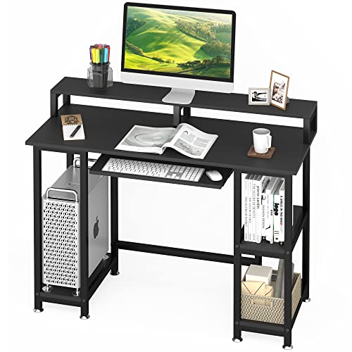 JSungo Small Computer Desk with Monitor Stand, 47 Inch Home Office Desk with 2 Tier Storage Shelf for Small Space, Sturdy Writing Gaming Table with Keyboard Tray and CPU Shelf, Black