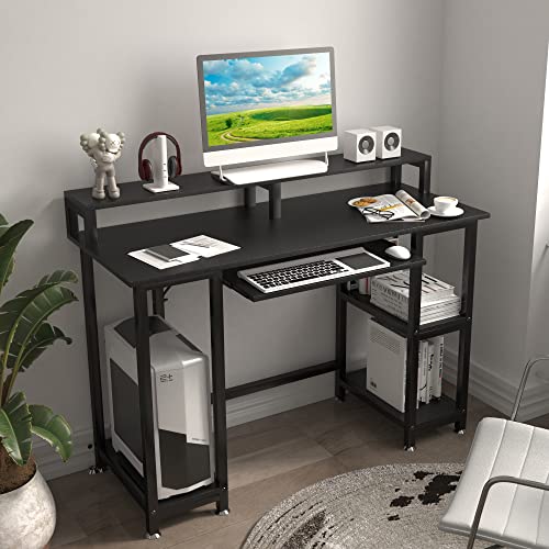 JSungo Small Computer Desk with Monitor Stand, 47 Inch Home Office Desk with 2 Tier Storage Shelf for Small Space, Sturdy Writing Gaming Table with Keyboard Tray and CPU Shelf, Black