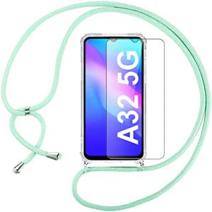 kapuctw crossbody lanyard case for samsung galaxy a32 5g 6.5" + 1 x tempered glass screen protector,adjustable cord strap necklace phone cover tpu silicone protective case for samsung a32 5g,green