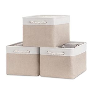 bidtakay baskets large fabric storage bins with handles [3-pack] collapsible storage basket for shelves 15 x 11 x 9.5 inches canvas bins for storage closet organization (white&beige)