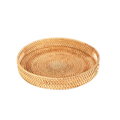 Rattan Round Serving Tray,Hand-Woven Wicker Circular Tray Tabletop Storage Space,Used to Decorate Storage, Bread,Fruit,Vegetables,Store Breakfast Snacks,11.8 inch