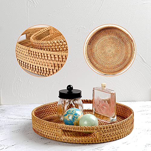 Rattan Round Serving Tray,Hand-Woven Wicker Circular Tray Tabletop Storage Space,Used to Decorate Storage, Bread,Fruit,Vegetables,Store Breakfast Snacks,11.8 inch