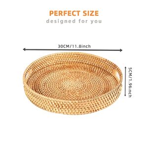 Rattan Round Serving Tray,Hand-Woven Wicker Circular Tray Tabletop Storage Space,Used to Decorate Storage, Bread,Fruit,Vegetables,Store Breakfast Snacks,11.8 inch