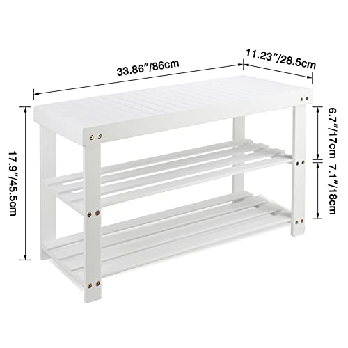 SMIBUY Bamboo Shoe Rack Bench, 3-Tier Shoe Organizer Storage Shelf for Entryway Hallway Bathroom Living Room (White)